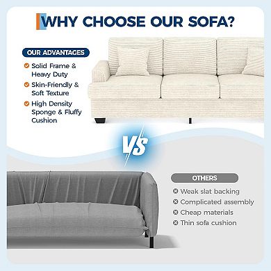 Modern Deep Seat Couch with 2 Throw Pillows, Upholstered Cushion & Removable Cover, Comfy Couch