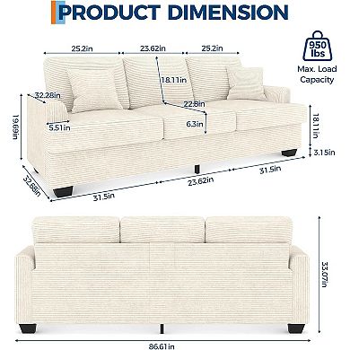 Modern Deep Seat Couch with 2 Throw Pillows, Upholstered Cushion & Removable Cover, Comfy Couch