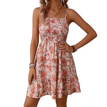 Women's Spaghetti Strap Floral Dress Square Neck Smocked Ruffle Hem Mini Dress for Summer