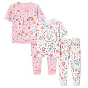Kids Girls Rainbows Flowers 2-Pack Pajamas Snug Fit PJs Short Sleeve