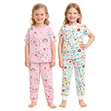 Kids Girls Rainbows Flowers 2-Pack Pajamas Snug Fit PJs Short Sleeve