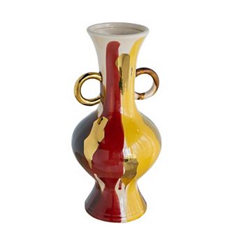 6.4x13.8" Round Ceramic Vase with Multicolored Finish & Small Handles, Decorative Vase for Home