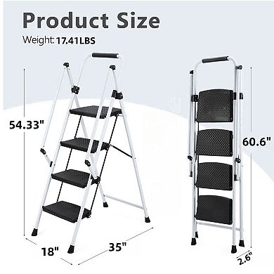 4 Step Ladder with Handrails, 500LBS Folding Step Stool, NonSlip Side Armrests Large Pedal Area