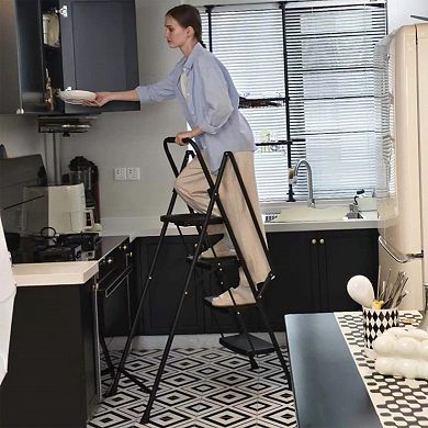 4 Step Ladder with Handrails, 500LBS Folding Step Stool, NonSlip Side Armrests Large Pedal Area