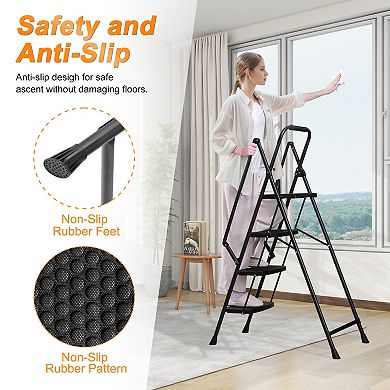 4 Step Ladder with Handrails, 500LBS Folding Step Stool, NonSlip Side Armrests Large Pedal Area
