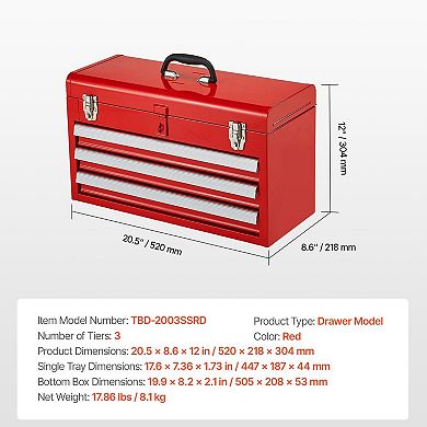 20.5'' Portable Metal Tool Box with 3 Drawers, Heavy-Duty Tool Organizer for Garage Workshop