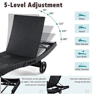 80" Patio Wicker Adjustable Chaise Lounge Chairs Set of 2 with Rolling Wheels & Side Table, Backrest