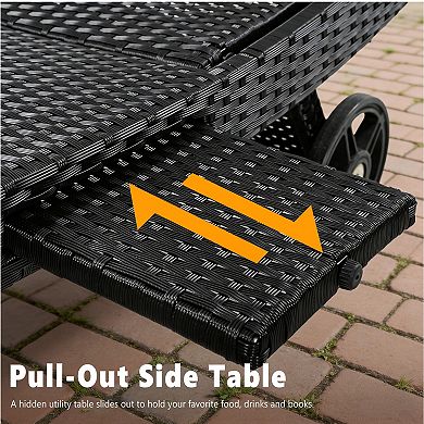 80" Patio Wicker Adjustable Chaise Lounge Chairs Set of 2 with Rolling Wheels & Side Table, Backrest