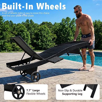 80" Patio Wicker Adjustable Chaise Lounge Chairs Set of 2 with Rolling Wheels & Side Table, Backrest