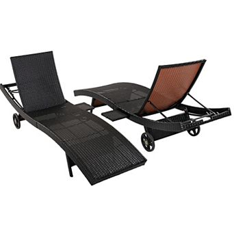80" Patio Wicker Adjustable Chaise Lounge Chairs Set of 2 with Rolling Wheels & Side Table, Backrest