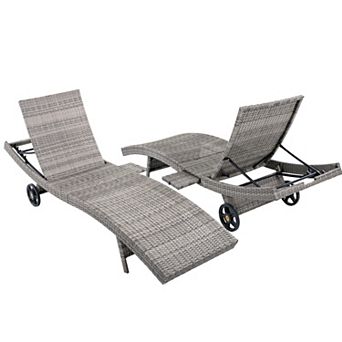 80" Patio Wicker Adjustable Chaise Lounge Chairs Set of 2 with Rolling Wheels & Side Table, Backrest