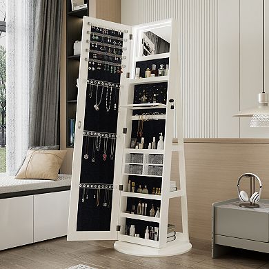 360° Rotating Standing Jewelry Cabinet with Full Length Mirror, Lockable Cabine with LED Light