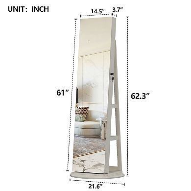 360° Rotating Standing Jewelry Cabinet with Full Length Mirror, Lockable Cabine with LED Light