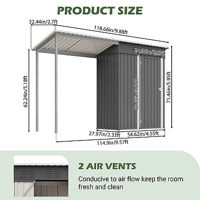 5x3 ft Galvanized Steel Shed & Gazebo Combo, Easy Assembly Lean-To Storage with Open Pergola