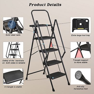 4 Step Ladder with Handrails, 500LBS Folding Step Stool with Tool Platform for Kitchen Warehouse