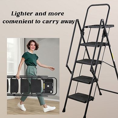 4 Step Ladder with Handrails, 500LBS Folding Step Stool with Tool Platform for Kitchen Warehouse
