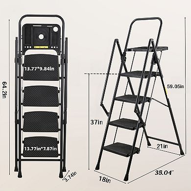 4 Step Ladder with Handrails, 500LBS Folding Step Stool with Tool Platform for Kitchen Warehouse