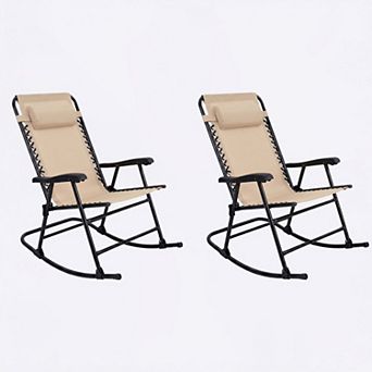 2-Pack Folding Rocking Chairs with Adjustable Headrest, Outdoor Rockers with Breathable Mesh