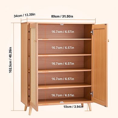 40.35"H Rattan Shoe Cabinet, 5-Tier Shoe Storage Organizer with 2 Doors for Entryway Hallway
