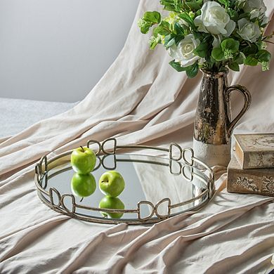 18x18x2" Silver Round Mirror Tray, Distressed Antique Decorative Tray for Home & Boutique