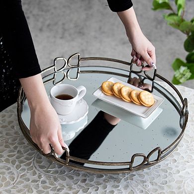 18x18x2" Silver Round Mirror Tray, Distressed Antique Decorative Tray for Home & Boutique