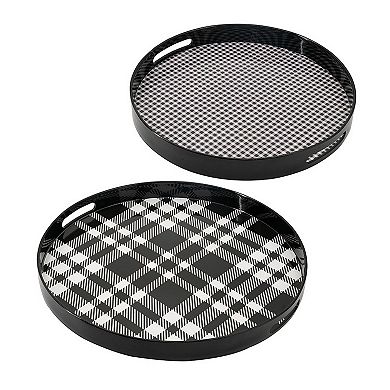 2 Piece Round Decorative Trays, Modern Black & White Plaid Print, Tray Set for Home Table Decor