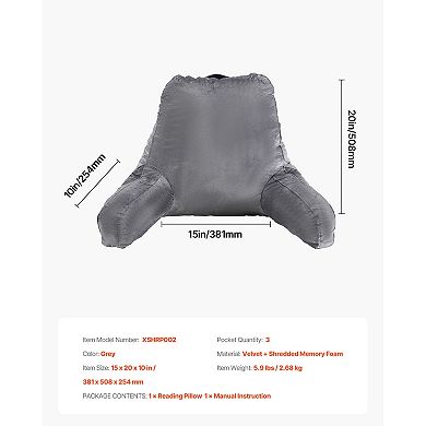 Memory Foam Reading Pillow, Ergonomic Pillow with 3 Pockets & Washable Cover for Bed