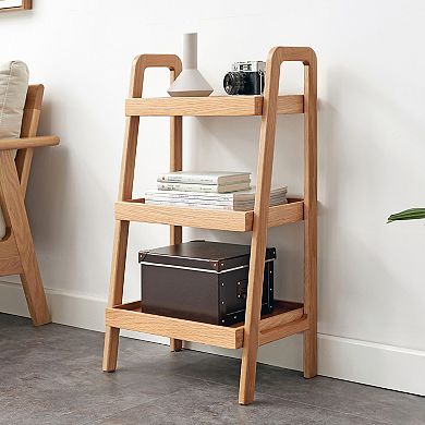 3-Tier Solid Oak Narrow End Table, Ladder Bookshelf with Open Storage for Living Room Bedroom