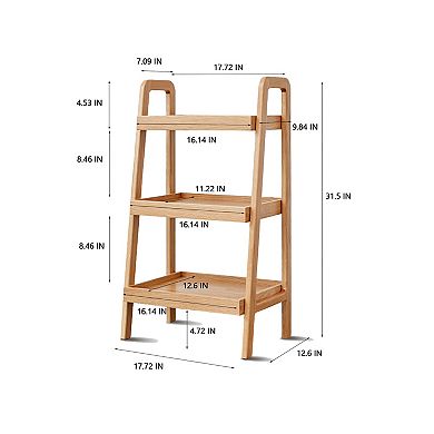 3-Tier Solid Oak Narrow End Table, Ladder Bookshelf with Open Storage for Living Room Bedroom