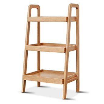 3 tier Solid Oak Narrow End Table, Ladder Bookshelf with Open Storage for Living Room Bedroom