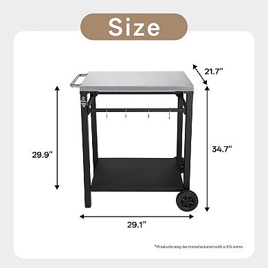 2-Tier Stainless Steel Grill Cart - Rolling BBQ Prep Table for Patio, Backyard & Pizza Oven Stand