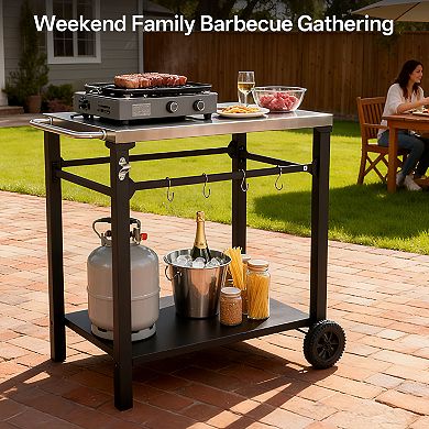 2-Tier Stainless Steel Grill Cart - Rolling BBQ Prep Table for Patio, Backyard & Pizza Oven Stand