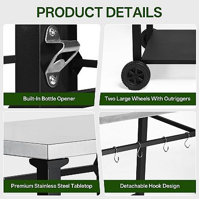 2-Tier Stainless Steel Grill Cart - Rolling BBQ Prep Table for Patio, Backyard & Pizza Oven Stand