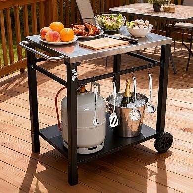 2-Tier Stainless Steel Grill Cart - Rolling BBQ Prep Table for Patio, Backyard & Pizza Oven Stand