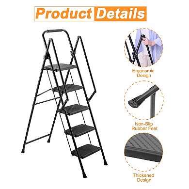 5 Step Ladder with Handrails, 500LBS Folding Step Stool, NonSlip Side Armrests Large Pedal Area