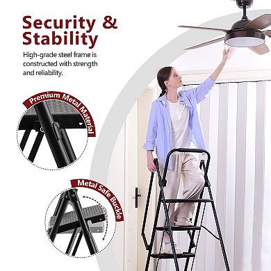 5 Step Ladder with Handrails, 500LBS Folding Step Stool, NonSlip Side Armrests Large Pedal Area