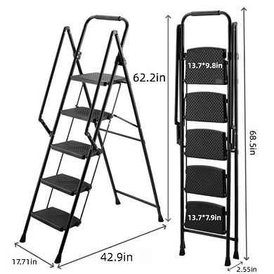 5 Step Ladder with Handrails, 500LBS Folding Step Stool, NonSlip Side Armrests Large Pedal Area
