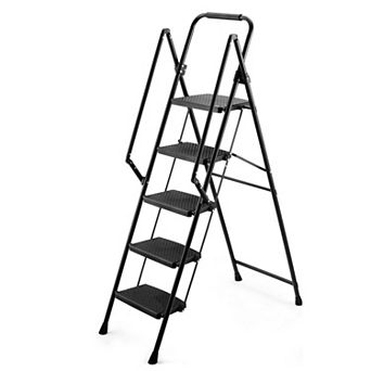 5 Step Ladder with Handrails, 500LBS Folding Step Stool, NonSlip Side Armrests Large Pedal Area