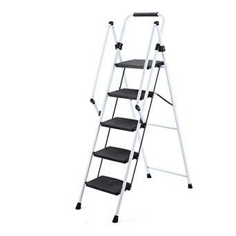 5 Step Ladder with Handrails, 500LBS Folding Step Stool, NonSlip Side Armrests Large Pedal Area