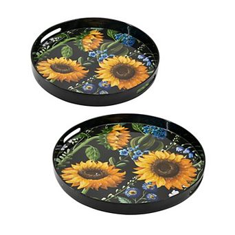 2 pc Modern Round Decorative Trays with Sunflower Motifs, Elegant Frame Tray Set for Home Decor