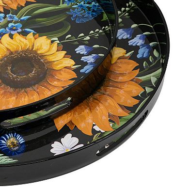 2 Piece Modern Round Decorative Trays with Sunflower Motifs, Elegant Frame Tray Set for Home Decor