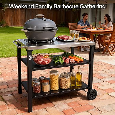 3-Tier Outdoor Grill Cart with Stainless Steel Top & Wheels - Rolling BBQ Prep Table & Serving Cart