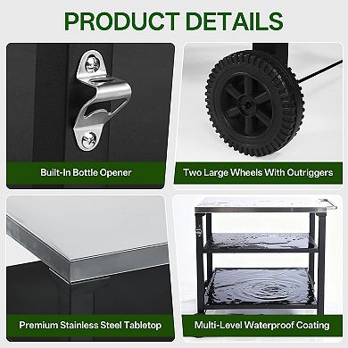 3-Tier Outdoor Grill Cart with Stainless Steel Top & Wheels - Rolling BBQ Prep Table & Serving Cart