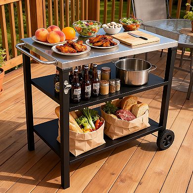 3-Tier Outdoor Grill Cart with Stainless Steel Top & Wheels - Rolling BBQ Prep Table & Serving Cart