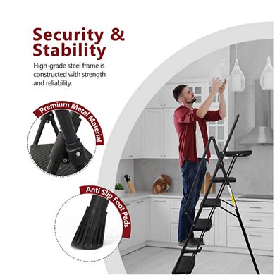 5 Step Ladder with Handrails, 500LBS Folding Step Stool with Tool Platform for Kitchen Warehouse