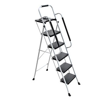 5 Step Ladder with Handrails, 500LBS Folding Step Stool with Tool Platform for Kitchen Warehouse