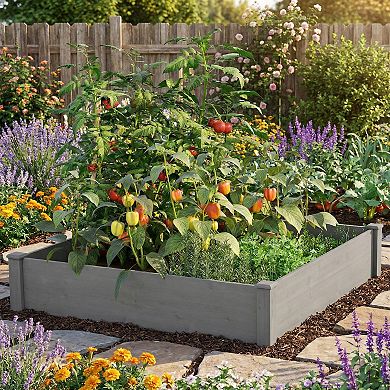 Raised Garden Bed 48x48x10'', Outdoor Wood Planter Box Over Floor, Tool-Free Assembly