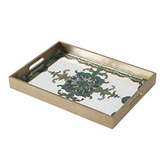18.1x13x2" Vintage Mirrored Decorative Tray, European Style with Green Accents for Home Decor