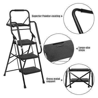 3 Step Ladder with Handrails, 500LBS Folding Step Stool with Tool Platform for Kitchen Warehouse