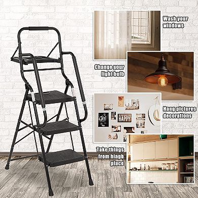 3 Step Ladder with Handrails, 500LBS Folding Step Stool with Tool Platform for Kitchen Warehouse